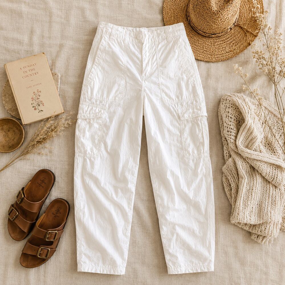 Anthropologie Maeve White High Rise Cargo Pants Crinkle Utility Jogger Women's 6